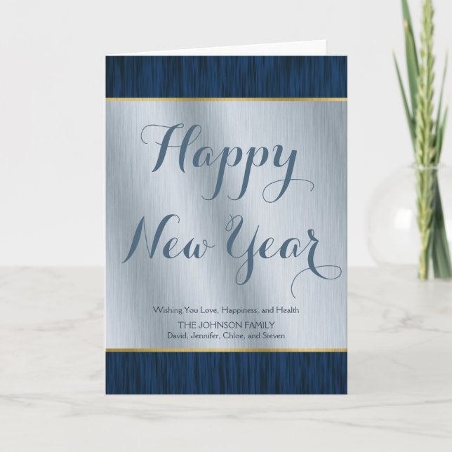 Elegant Personalized Silver and Blue Wood New Year Holiday Card (Front)