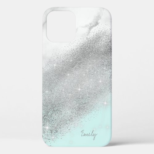 Elegant personalized silver glitter marble  mint  iPhone 12 case