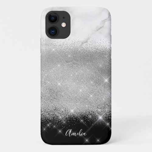 Elegant personalized silver glitter white marble  iPhone 11 case