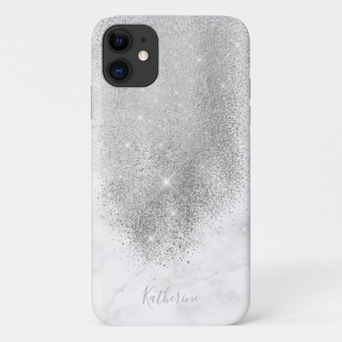 Elegant personalized silver glitter white marble iPhone 11 case