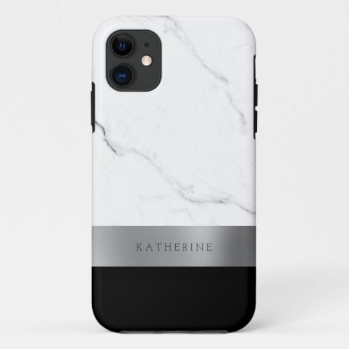 Elegant personalized silver white marble iPhone 11 case