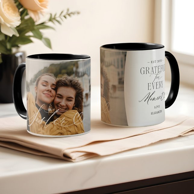 Elegant Personalized Sister Photo BFF Keepsake Mug (Sister Script Heart Grateful Every Moment Photo Mug)