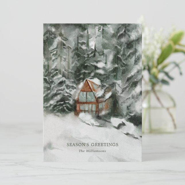 Elegant Personalized Snowy Cabin Christmas Card (Standing Front)