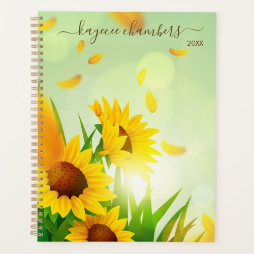 Elegant Personalized Sunflowers On Green Custom Planner