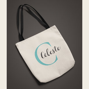 Elegant Personalized Teal Initial Name Tote Bag