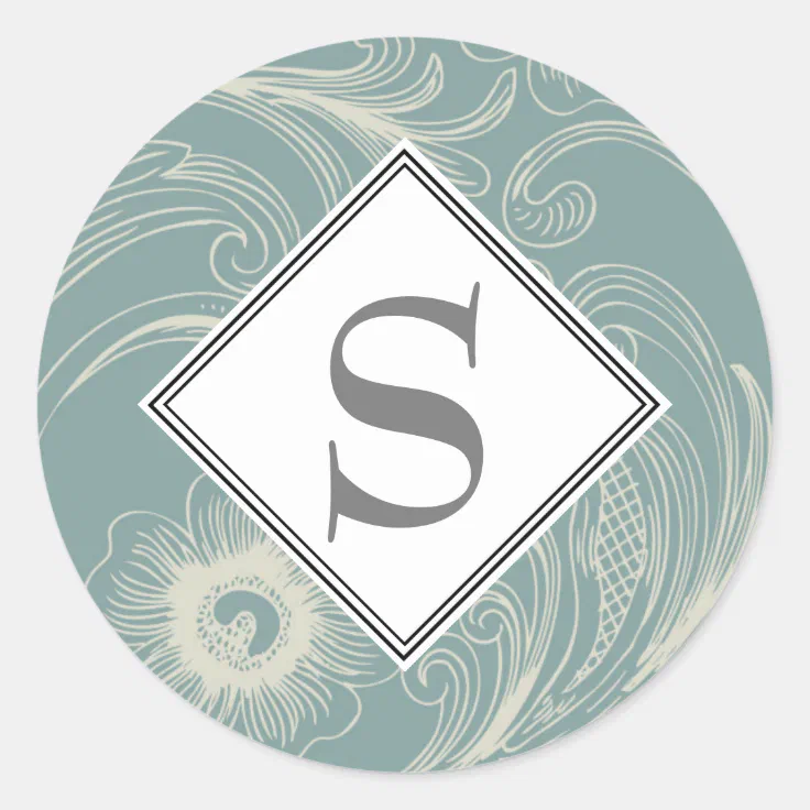Elegant Personalized Teal White Floral Monogram Classic Round Sticker
