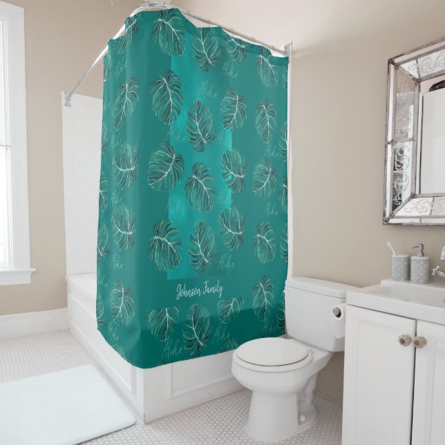 Elegant personalized tropical palm leaves pattern shower curtain (In Situ)