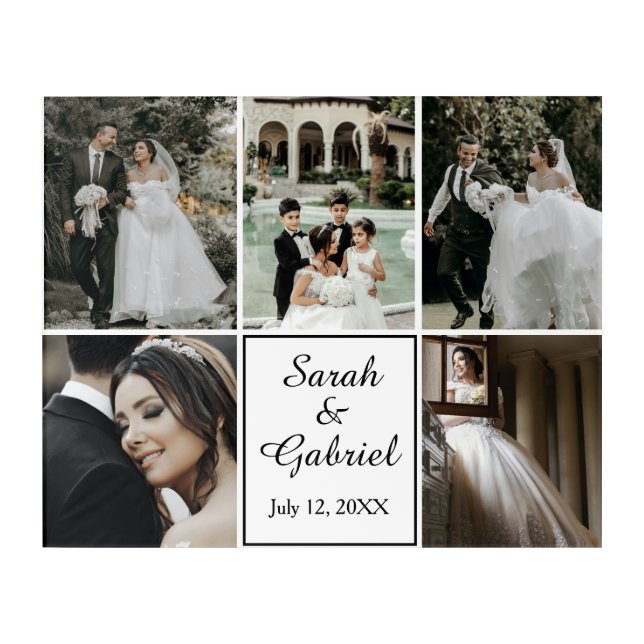 Elegant Personalized Wedding 5 Photo Collage  Acrylic Print (Front)