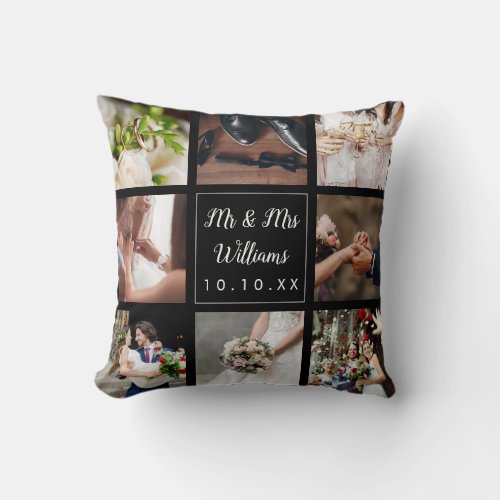 Elegant Personalized Wedding Day Photo Collage Throw Pillow