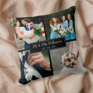 Elegant Personalized Wedding Day Photo Collage Throw Pillow