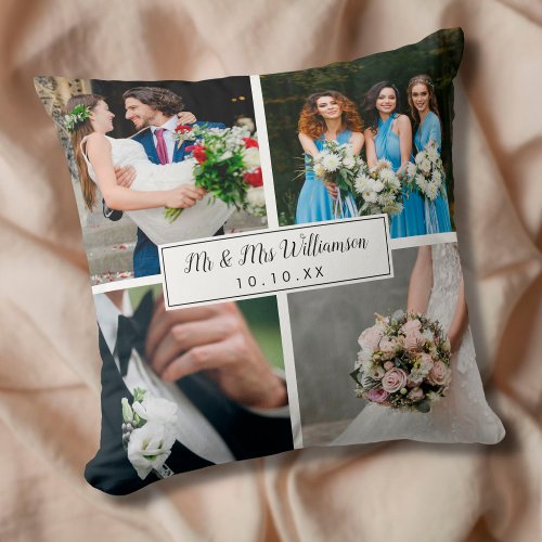 Elegant Personalized Wedding Day Photo Collage Throw Pillow