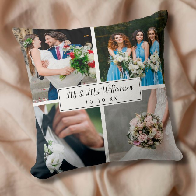 Elegant Personalized Wedding Day Photo Collage Throw Pillow (Creator Uploaded)