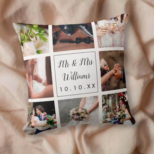 Elegant Personalized Wedding Day Photo Collage Throw Pillow