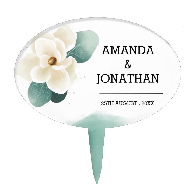 Elegant Personalized White Magnolia Wedding  Cake Topper (Front)
