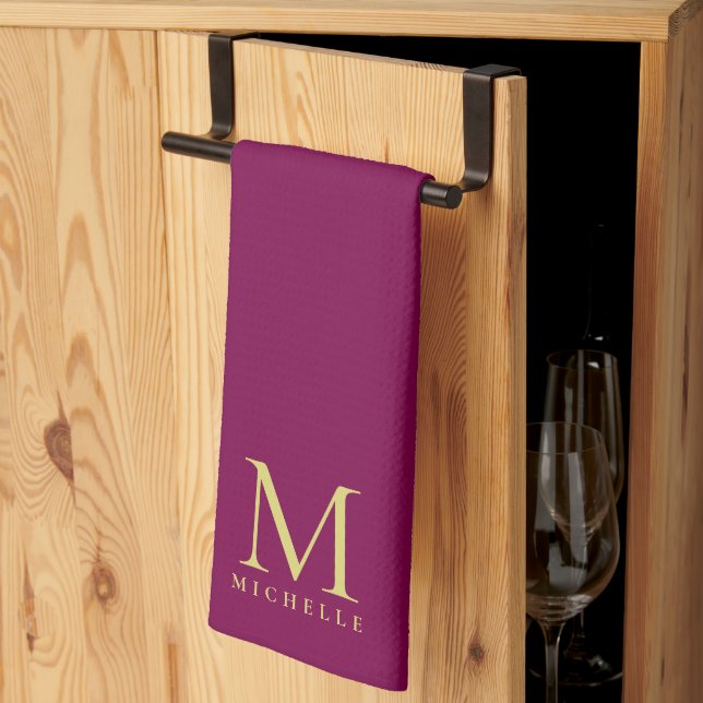 Elegant Personalized Wine Color And Gold Monogram Kitchen Towel (Thirds Fold)