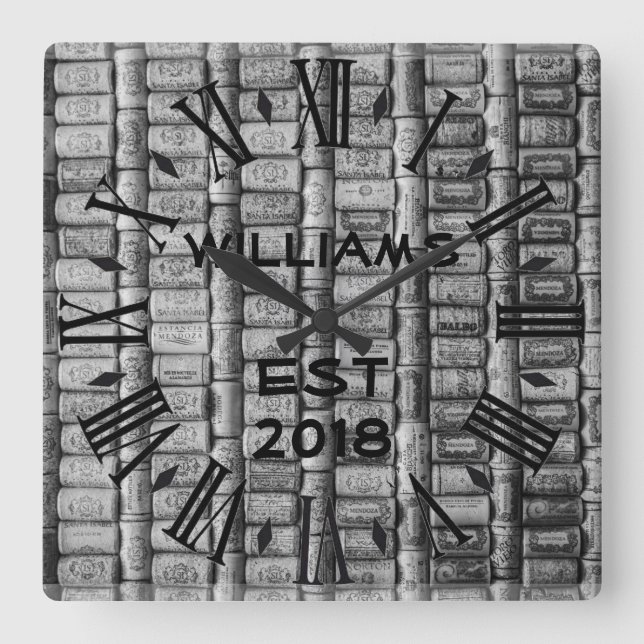Elegant Personalized Wine Cork Square Wall Clock (Front)