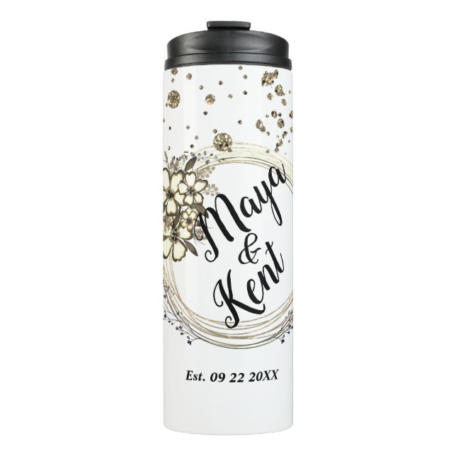 Elegant Personalized Wreath Floral Glitter Wedding Thermal Tumbler (Front)