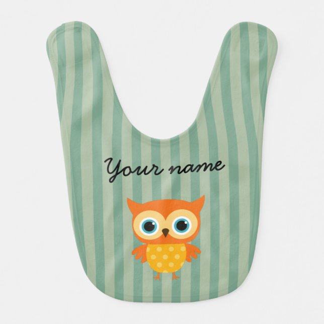Elegant personalized yellow owl green lines  baby bib (Front)