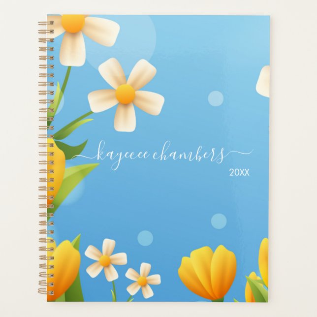 Elegant Personalized Yellow & White Flowers Custom Planner (Front)