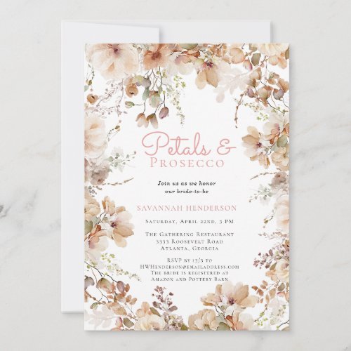 Elegant Petals and Prosecco Floral Bridal Shower Invitation