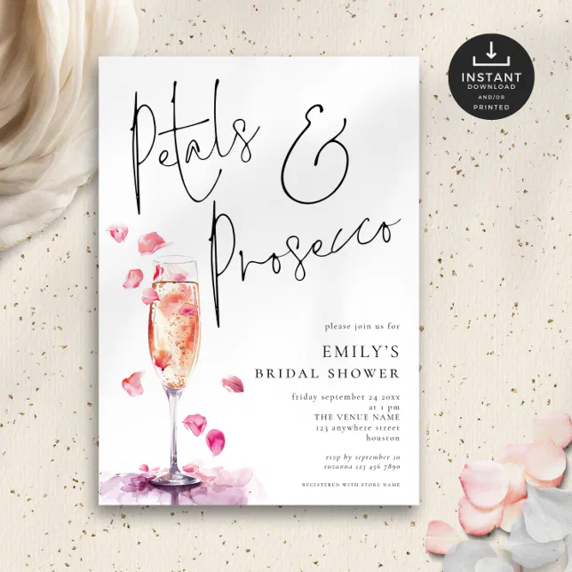 Elegant Petals Prosecco Glass Bridal Shower Invitation | Zazzle