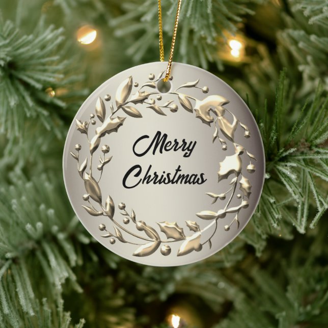 Elegant Pewter and Pale Gold Christmas Wreath Ceramic Ornament (Tree)