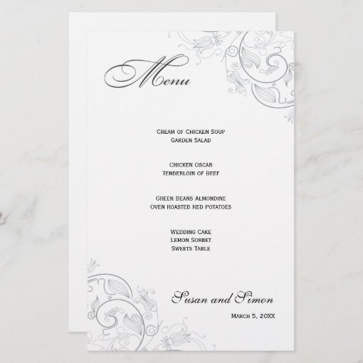 Elegant Pewter Floral Wedding Menu | Zazzle