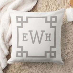 Elegant Pewter Gray Greek Key Monogram Initial Throw Pillow