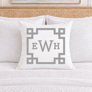 Elegant Pewter Gray Greek Key Monogram Initial Throw Pillow