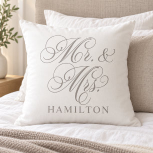Elegant Pewter Gray Mr and Mrs Script Wedding Throw Pillow