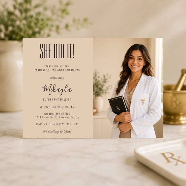 Elegant Pharmacist Photo Invitation (Elegant pharmacist graduation invitation with luxury photo-ready editorial styling.)