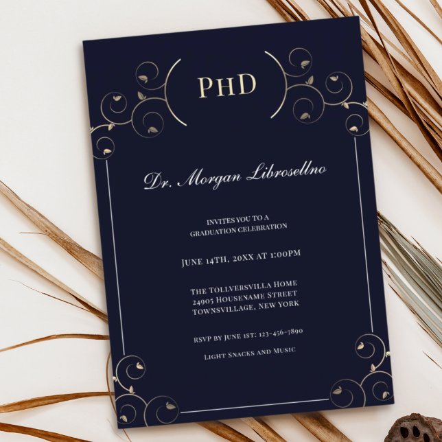 Elegant PhD degree Gold Blue Graduation Party Invitation