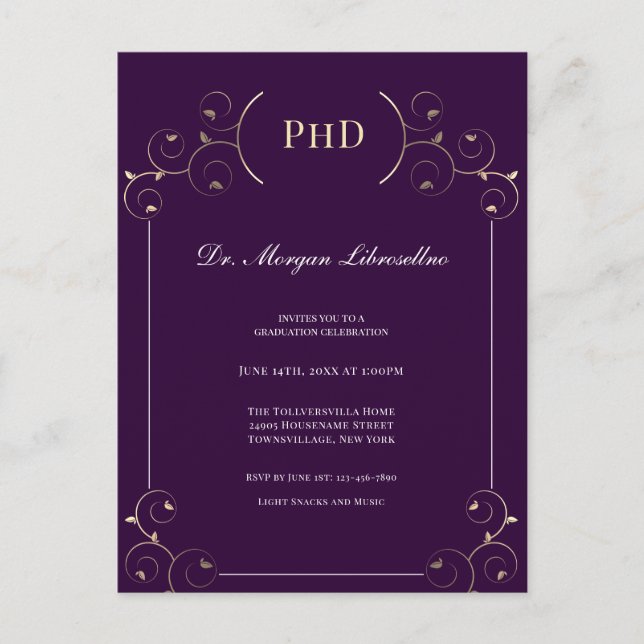 Elegant PhD degree Gold Purple Graduation Party Invitation Postcard (Front)
