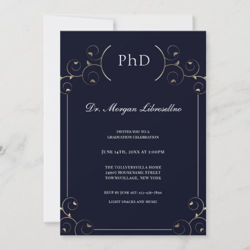 Elegant PhD Gold Blue Graduation Invitation