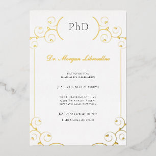 Elegant PhD Gold Gray White Graduation Party Foil  Invitation
