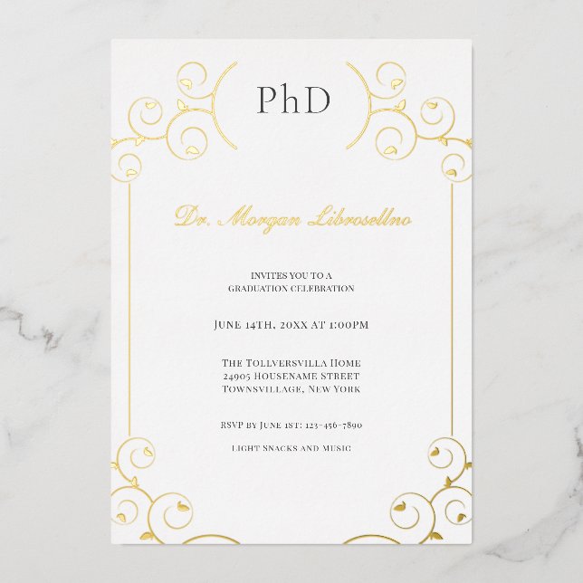 Elegant PhD Gold Gray White Graduation Party Foil  Invitation (Front)