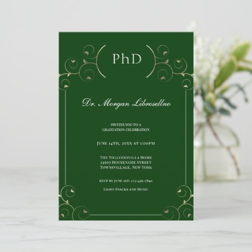 Elegant PhD Gold Green Graduation Invitation