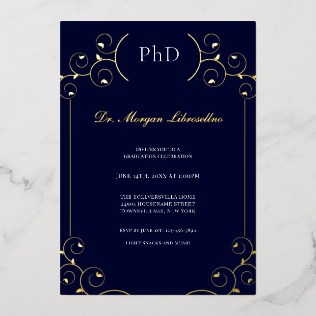 Elegant PhD Gold White Blue Graduation Party Foil Invitation (Front)