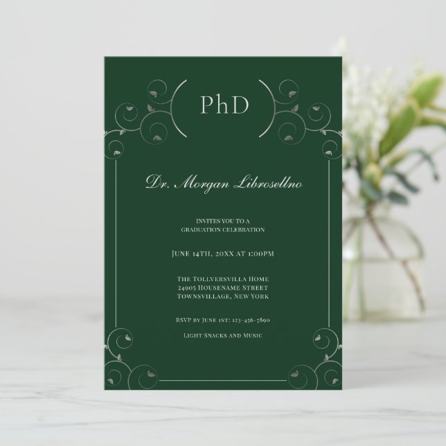 Elegant PhD Silver Green Graduation Party Invitation (Standing Front)