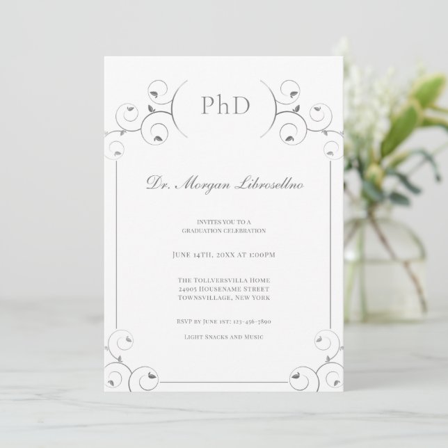 Elegant PhD Silver White Graduation Party Invitation (Standing Front)