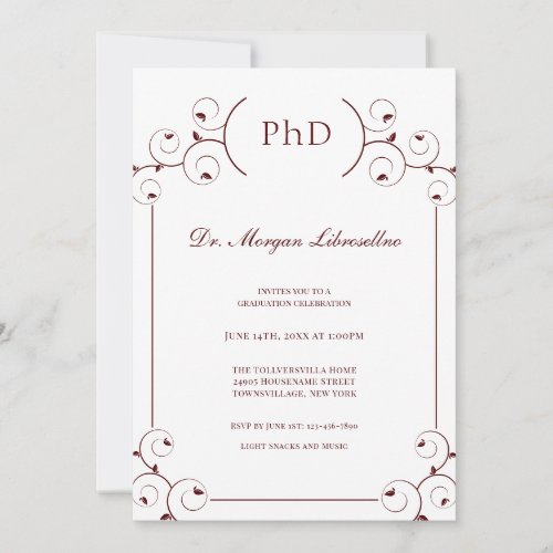 Elegant PhD White Burgundy Graduation Invitation