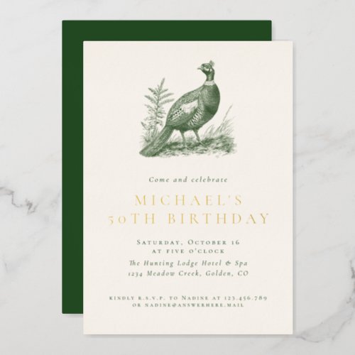 Elegant Pheasant Hunting Green Adult Birthday Foil Invitation