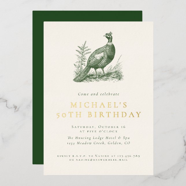 Elegant Pheasant Hunting Green Adult Birthday Foil Invitation (Front/Back)