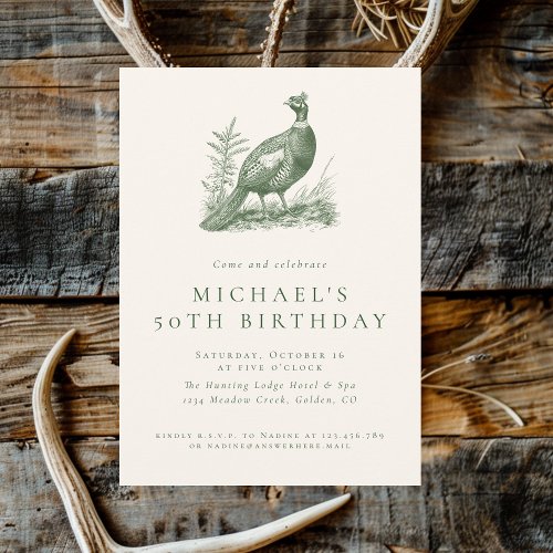 Elegant Pheasant Hunting Green Adult Birthday Invitation