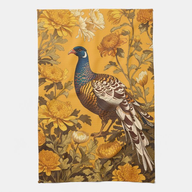 Elegant Pheasant William Morris Inspired Kitchen Towel (Vertical)