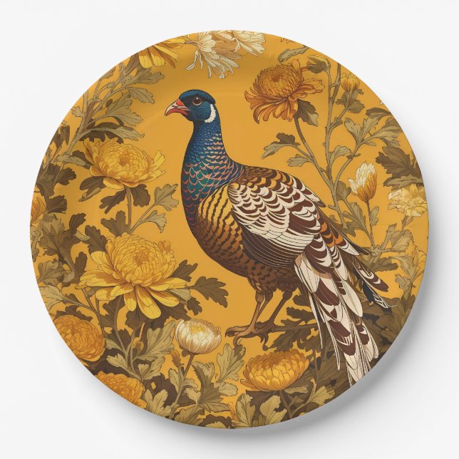 Elegant Pheasant William Morris Inspired Paper Plates (Front)