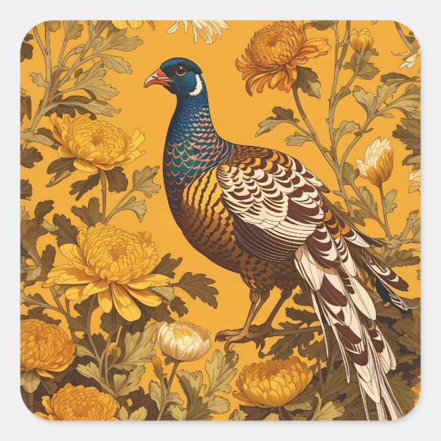 Elegant Pheasant William Morris Inspired Square Sticker (Front)