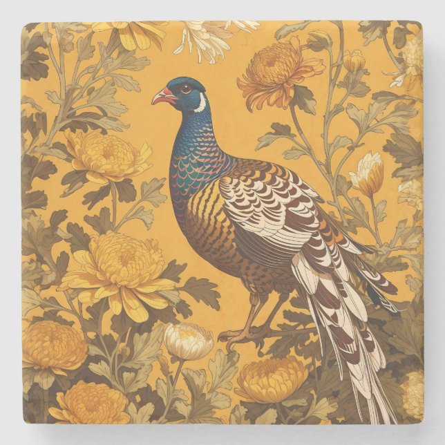 Elegant Pheasant William Morris Inspired Stone Coaster (Front)