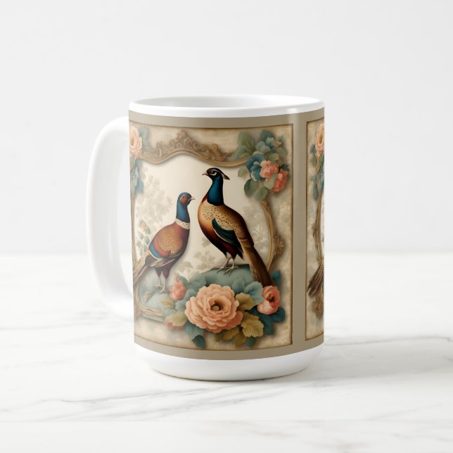 Elegant Pheasants and Rose Collage Coffee Mug (Front Left)