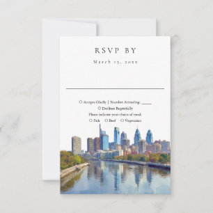 Elegant Philadelphia Skyline Watercolor Wedding RSVP Card